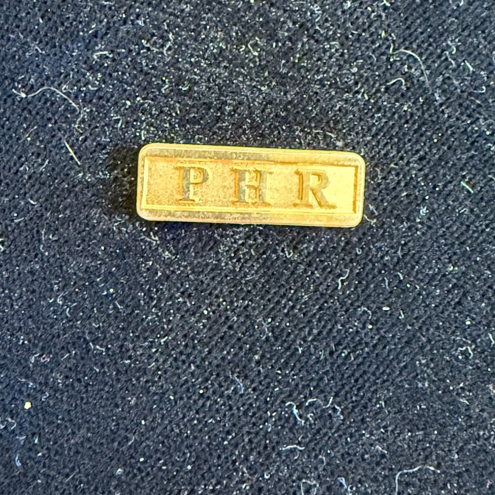 Vintage PHR Gold Tone Rectangular Lapel Pin Professional HR‎ Bar Tie Tack